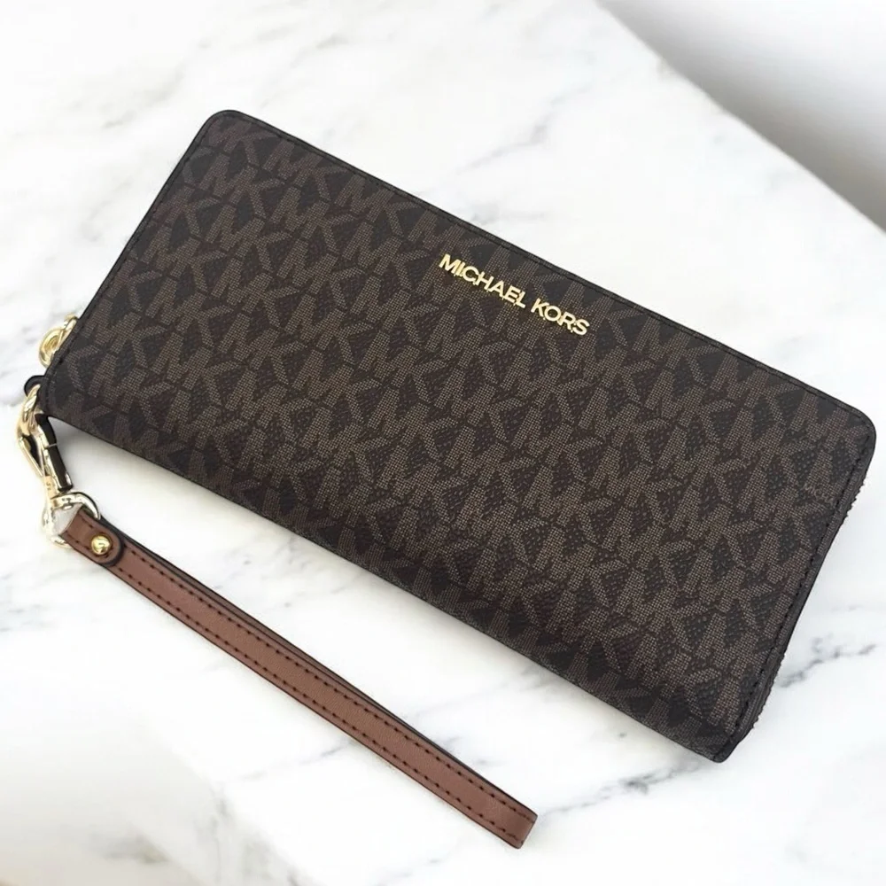 Michael Kors Large Continental Wallet Wristlet Brown Signature